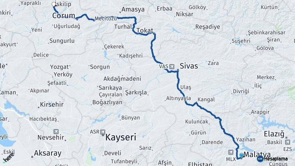 Malatya İskilip Çorum Arası Kaç Km - Yol Haritası