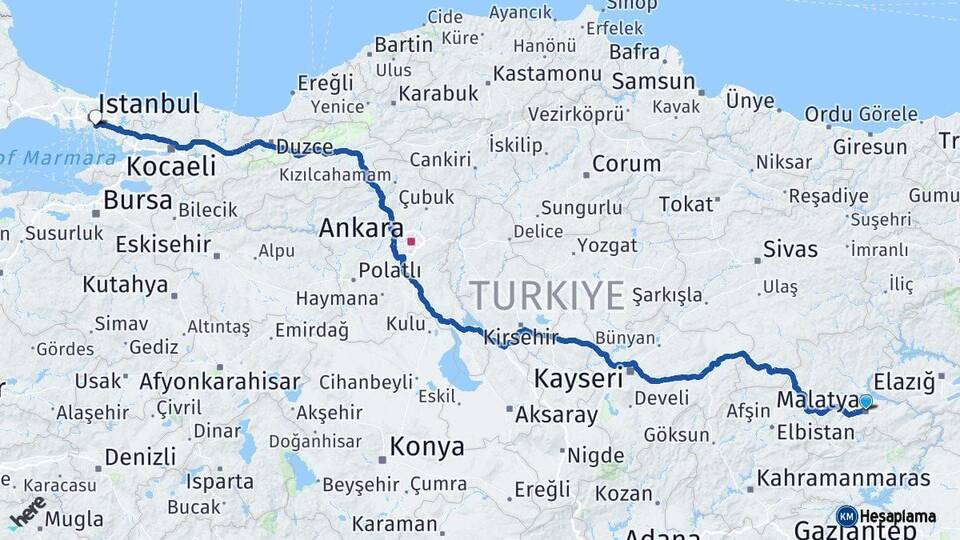 Malatya Kadıköy İstanbul Arası Kaç Km - Yol Haritası