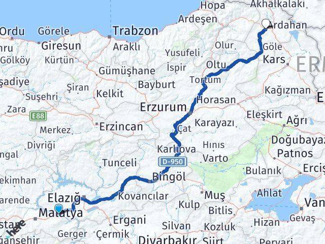 Malatya Kale Ardahan Arası Kaç Km - Yol Haritası