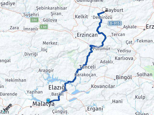 Malatya Kale Bayburt Arası Kaç Km - Yol Haritası