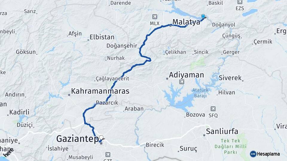 Malatya Kale Gaziantep Arası Kaç Km - Yol Haritası
