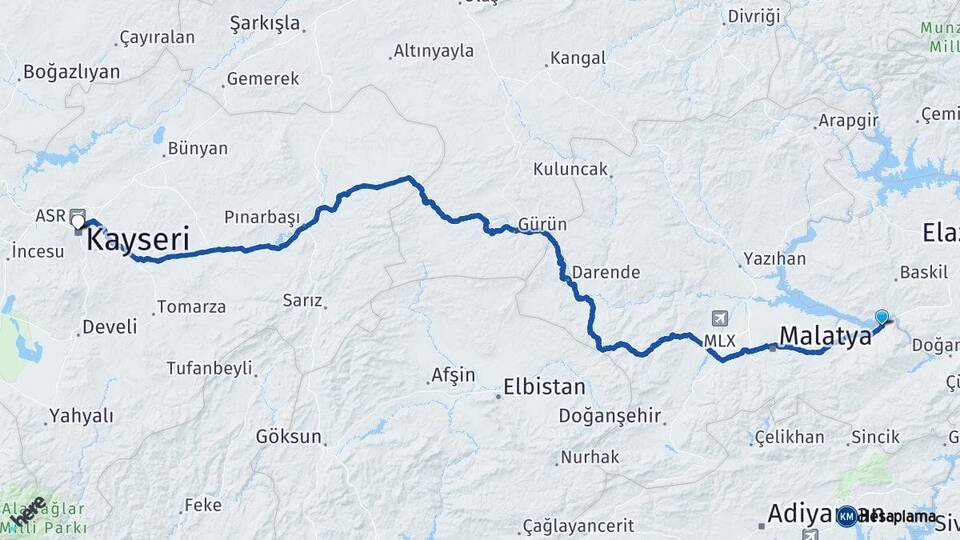 Malatya Kale Kayseri Arası Kaç Km - Yol Haritası