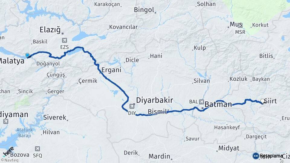 Malatya Kale Siirt Arası Kaç Km - Yol Haritası