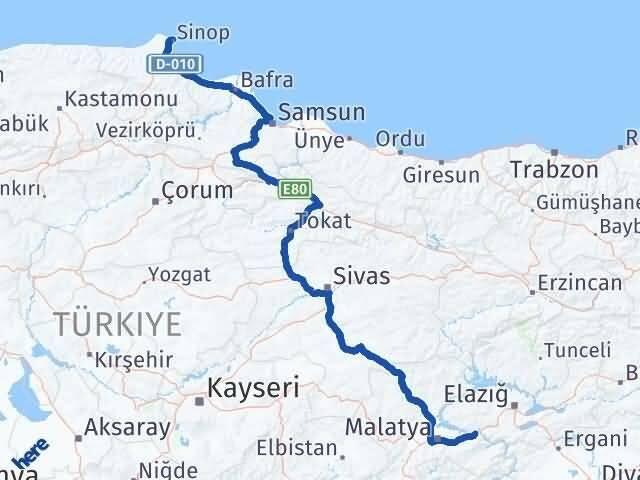 Malatya Kale Sinop Arası Kaç Km - Yol Haritası