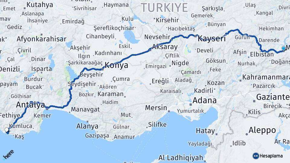 Malatya Kalkan Kaş Antalya Arası Kaç Km - Yol Haritası