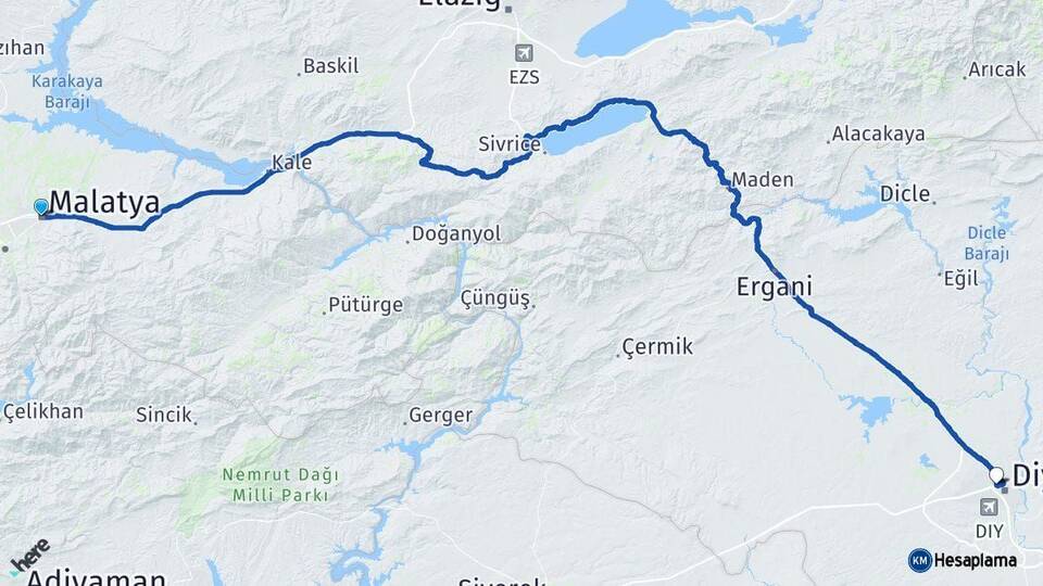 Malatya Kayapınar Diyarbakır Arası Kaç Km - Yol Haritası