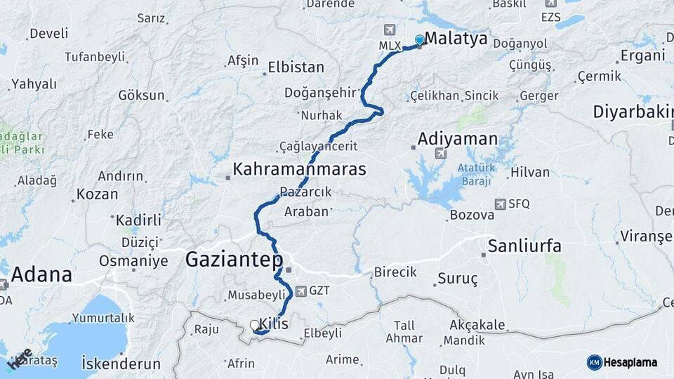 Malatya Kilis Arası Kaç Km - Yol Haritası