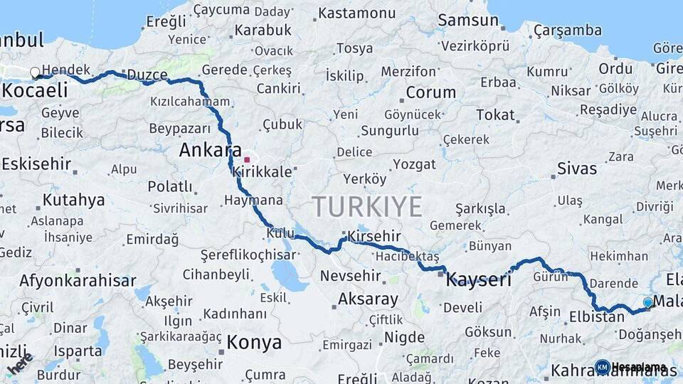 Malatya Kocaeli Arası Kaç Km - Yol Haritası