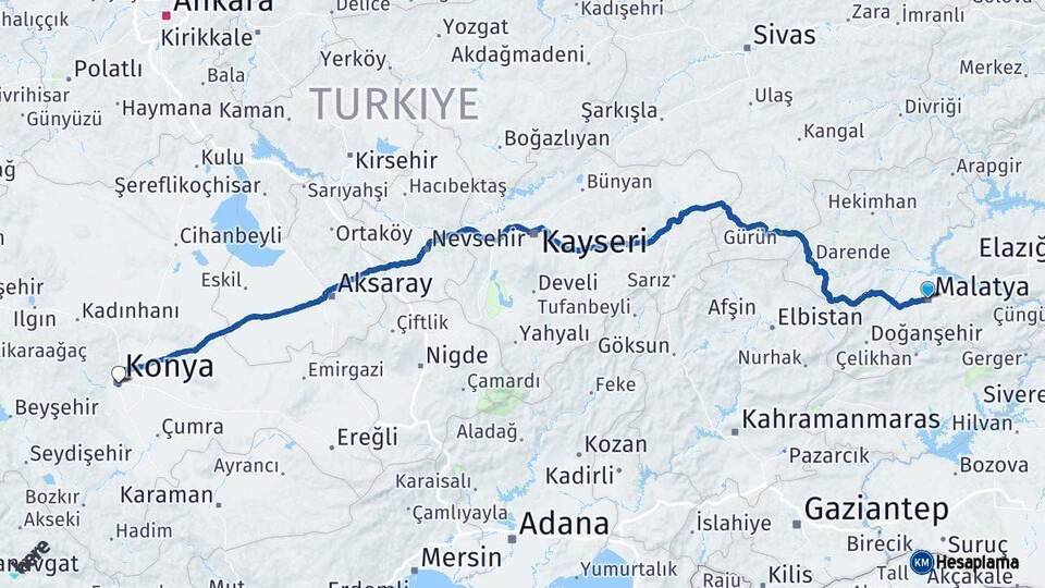 Malatya Konya Arası Kaç Km - Yol Haritası
