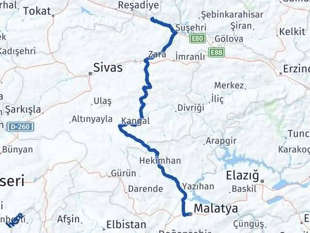 Malatya Koyulhisar Sivas Arası Kaç Km - Yol Haritası