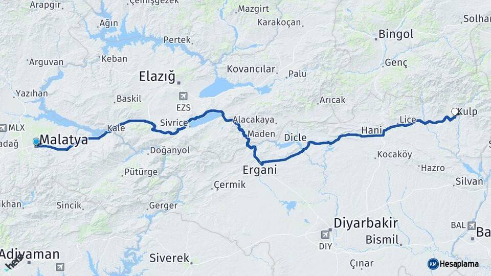 Malatya Kulp Diyarbakır Arası Kaç Km - Yol Haritası