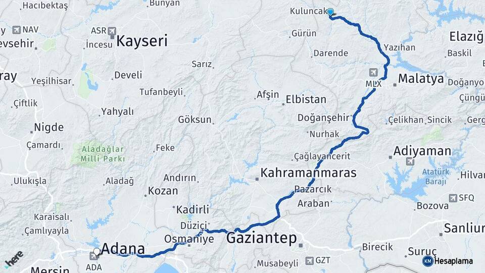 Malatya Kuluncak Adana Arası Kaç Km - Yol Haritası