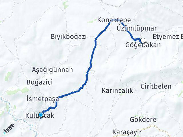 Malatya Kuluncak Göğebakan Kuluncak Arası Kaç Km - Yol Haritası