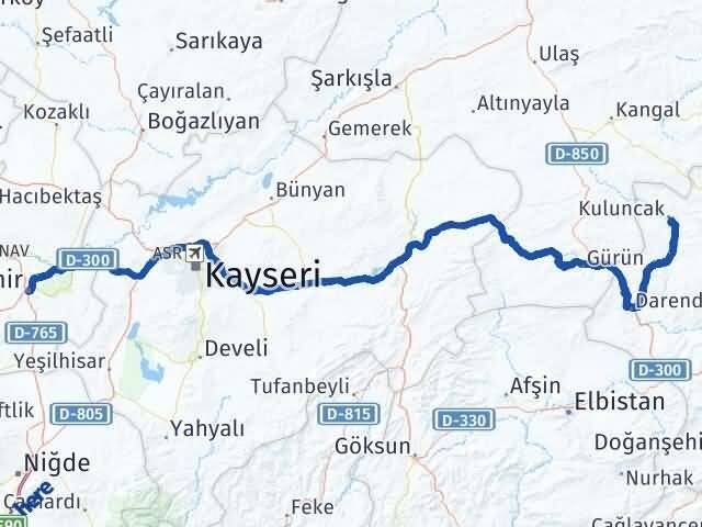 Malatya Kuluncak Nevşehir Arası Kaç Km - Yol Haritası