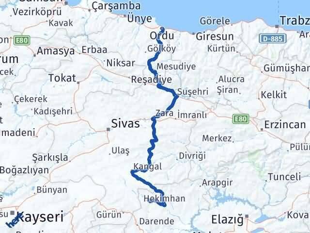 Malatya Kuluncak Ordu Arası Kaç Km - Yol Haritası