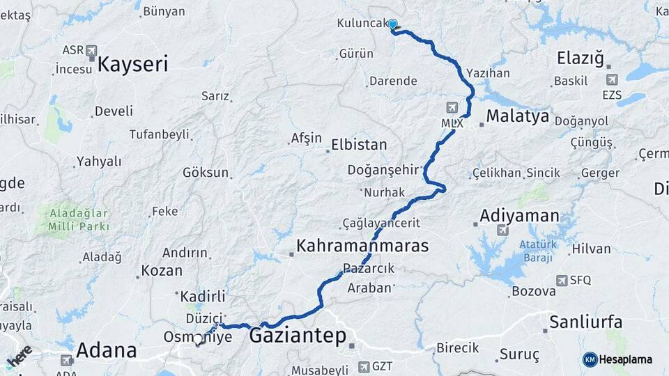 Malatya Kuluncak Osmaniye Arası Kaç Km - Yol Haritası