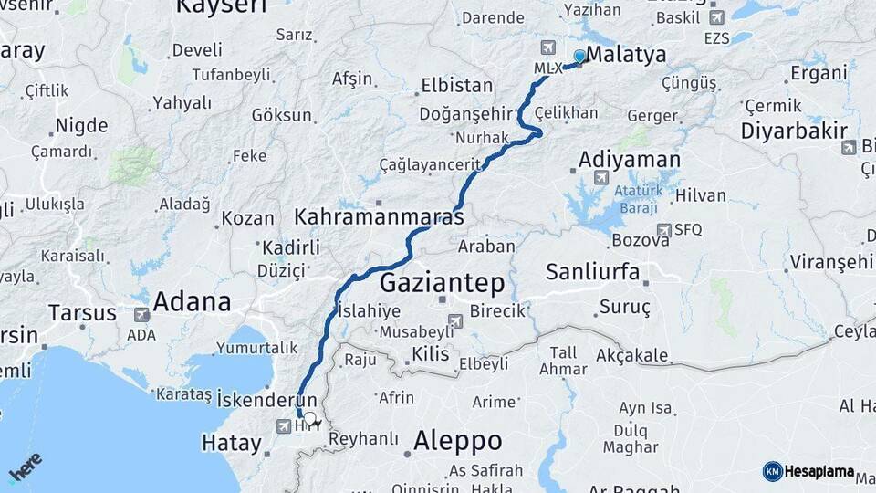 Malatya Kumlu Hatay Arası Kaç Km - Yol Haritası