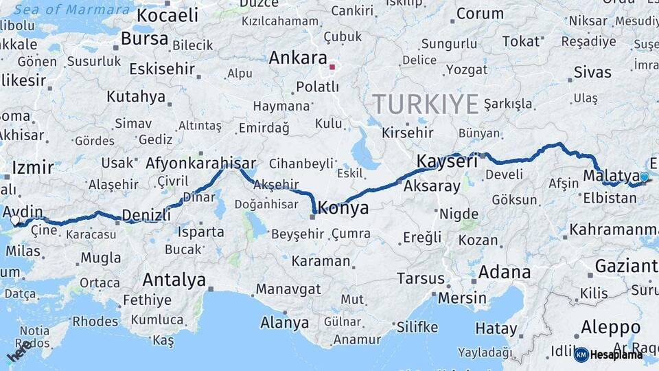 Malatya Kuşadası Aydın Arası Kaç Km - Yol Haritası