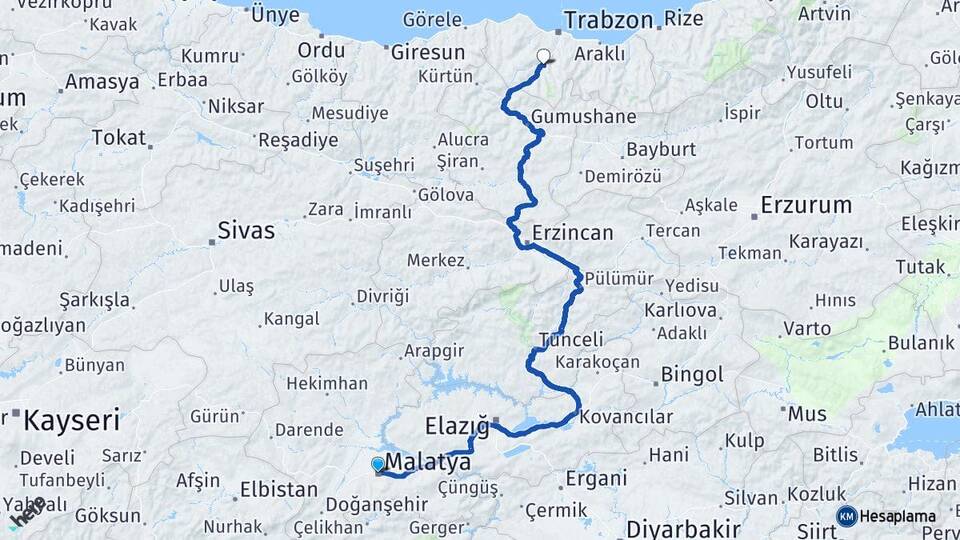 Malatya Maçka Trabzon Arası Kaç Km - Yol Haritası