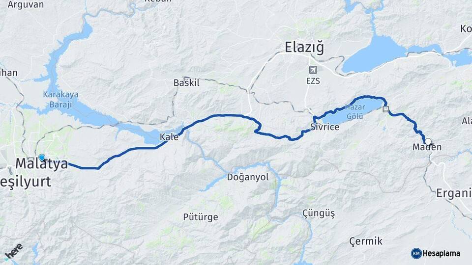 Malatya Maden Elazığ Arası Kaç Km - Yol Haritası
