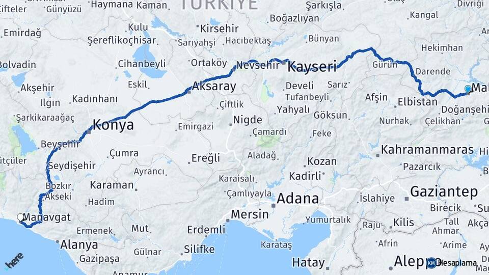 Malatya Manavgat Antalya Arası Kaç Km - Yol Haritası
