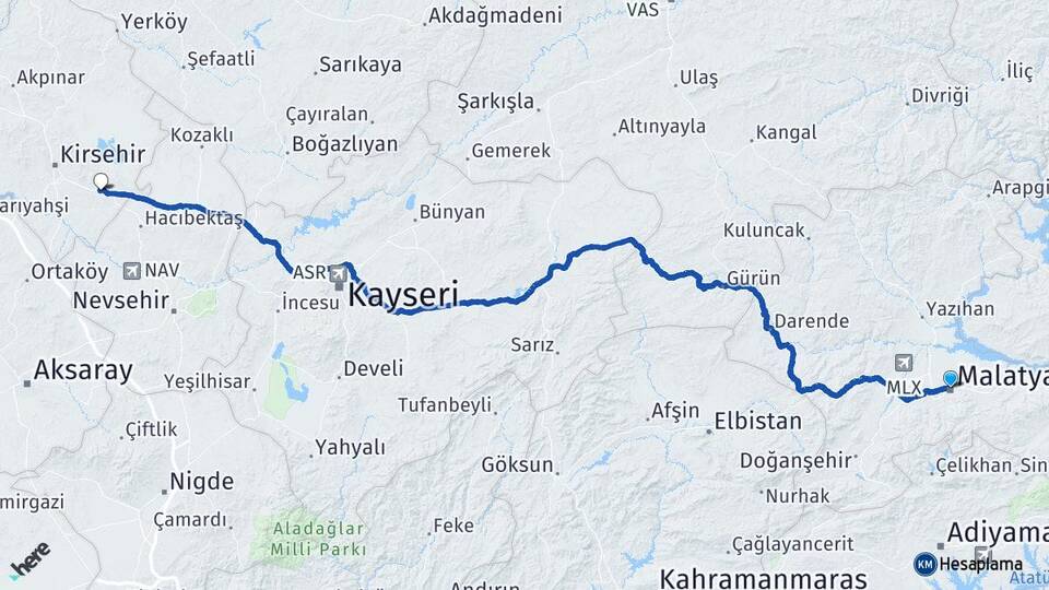 Malatya Mucur Kırşehir Arası Kaç Km - Yol Haritası
