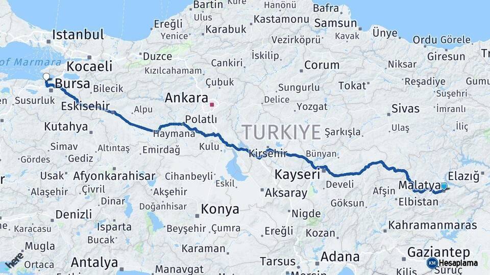 Malatya Mudanya Bursa Arası Kaç Km - Yol Haritası