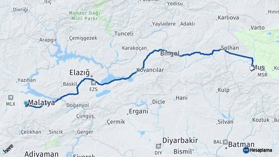 Malatya Muş Arası Kaç Km - Yol Haritası