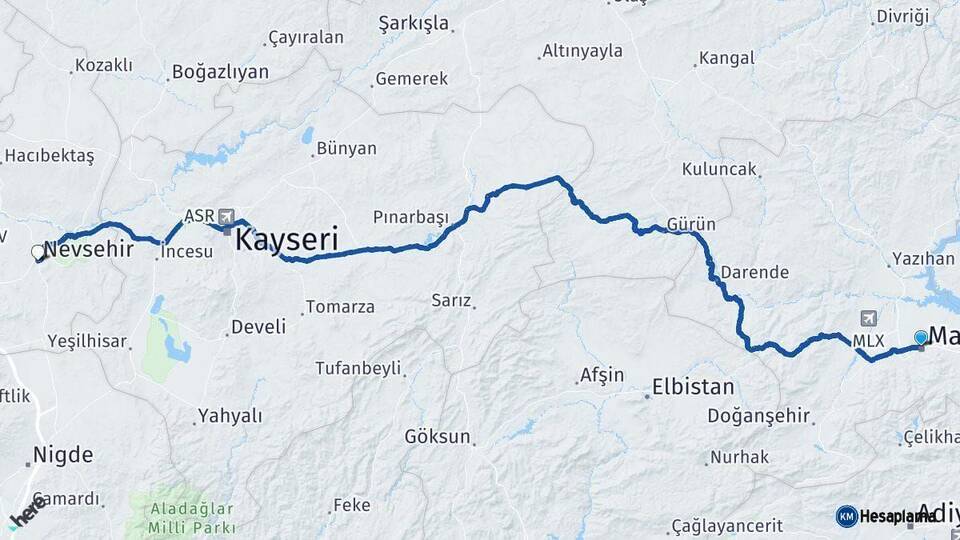 Malatya Nevşehir Arası Kaç Km - Yol Haritası