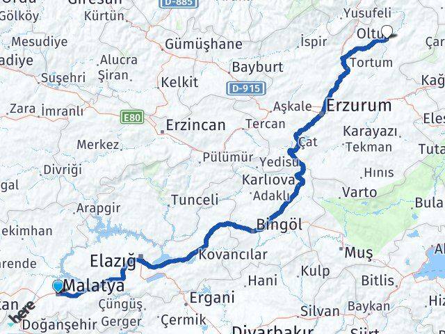Malatya Oltu Erzurum Arası Kaç Km - Yol Haritası