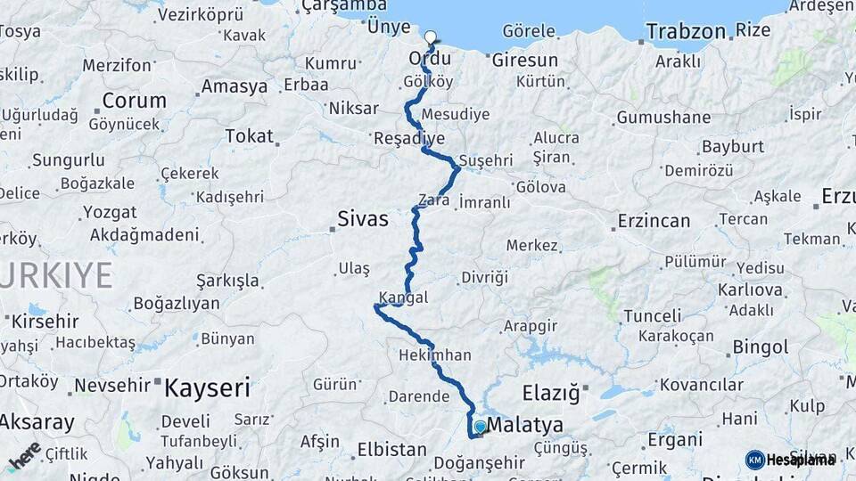 Malatya Ordu Arası Kaç Km - Yol Haritası