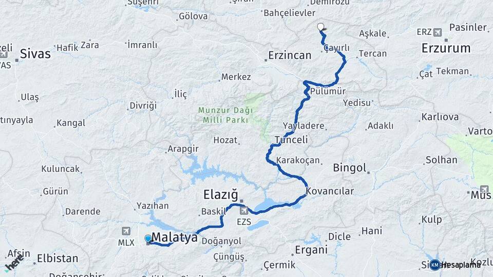 Malatya Otlukbeli Erzincan Arası Kaç Km - Yol Haritası