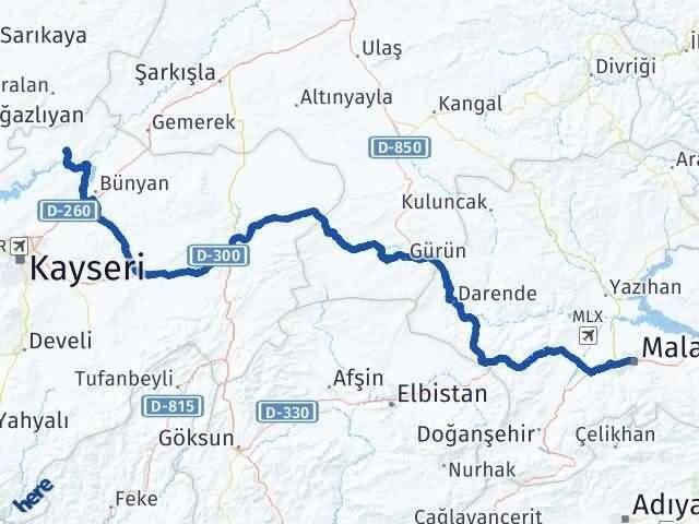 Malatya Özvatan Kayseri Arası Kaç Km - Yol Haritası