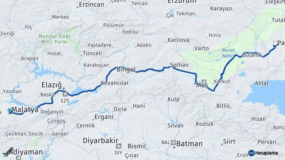 Malatya Patnos Ağrı Arası Kaç Km - Yol Haritası