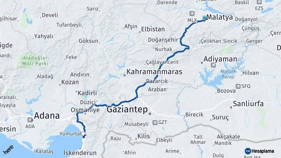 Malatya Payas Hatay Arası Kaç Km - Yol Haritası