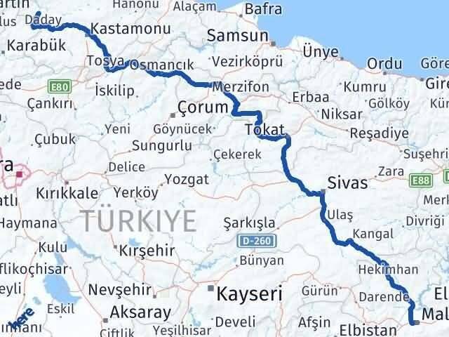 Malatya Pınarbaşı Kastamonu Arası Kaç Km - Yol Haritası