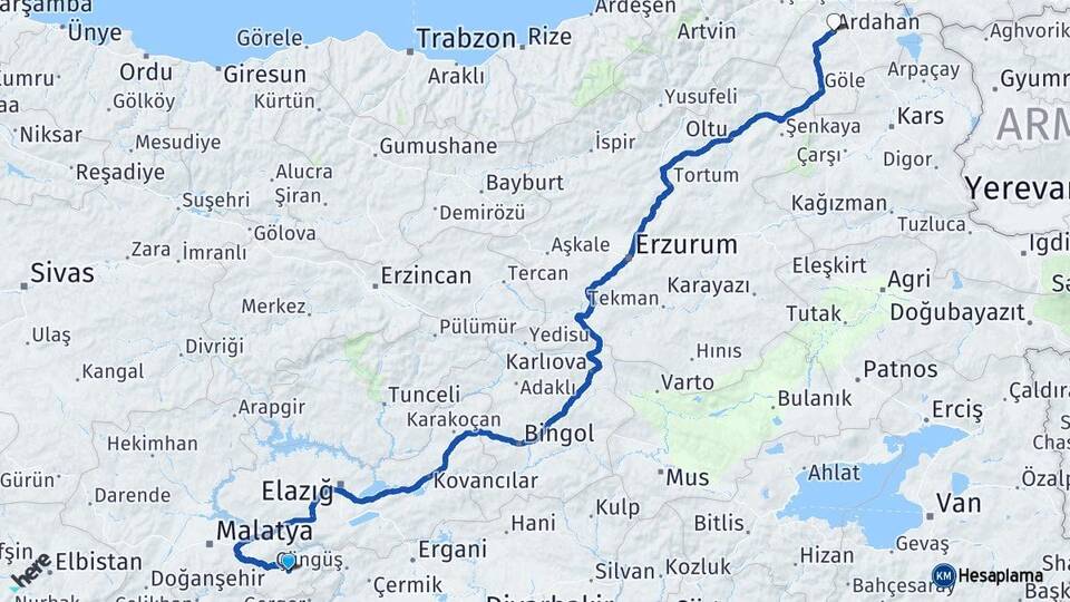 Malatya Pütürge Ardahan Arası Kaç Km - Yol Haritası