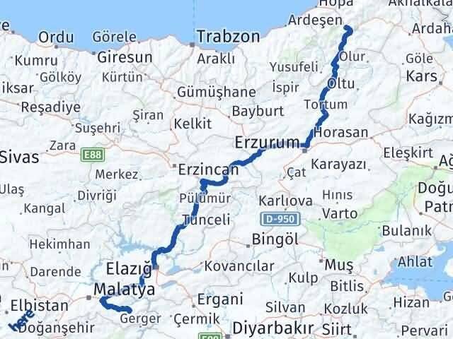 Malatya Pütürge Artvin Arası Kaç Km - Yol Haritası
