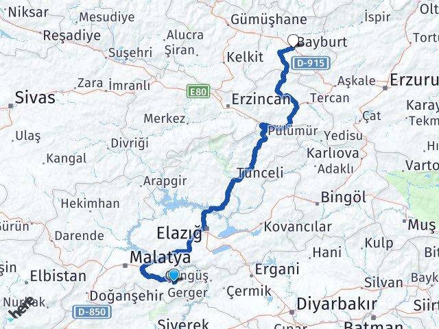 Malatya Pütürge Bayburt Arası Kaç Km - Yol Haritası