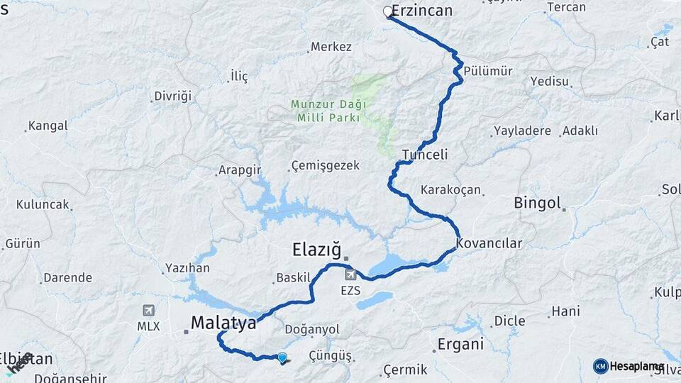 Malatya Pütürge Erzincan Arası Kaç Km - Yol Haritası