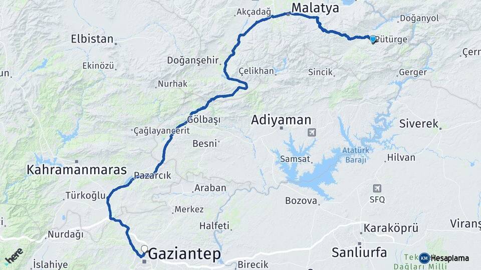 Malatya Pütürge Gaziantep Arası Kaç Km - Yol Haritası