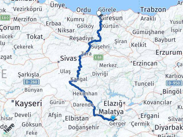 Malatya Pütürge Giresun Arası Kaç Km - Yol Haritası