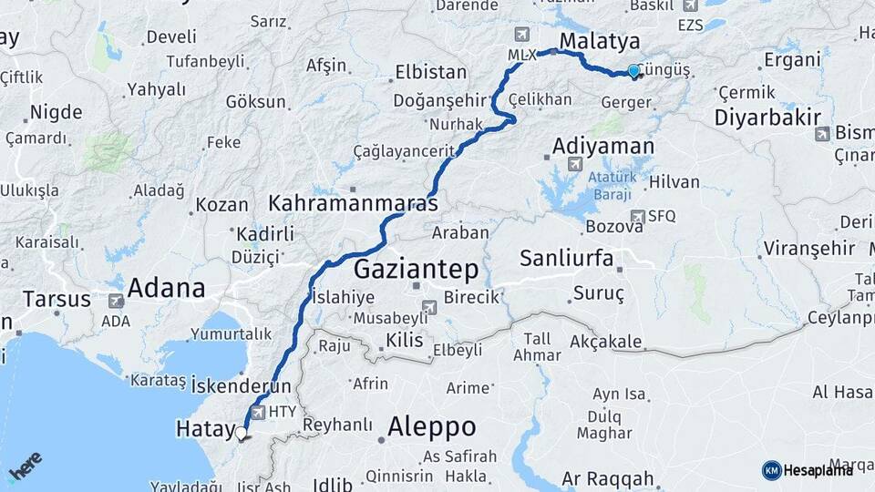Malatya Pütürge Hatay Arası Kaç Km - Yol Haritası