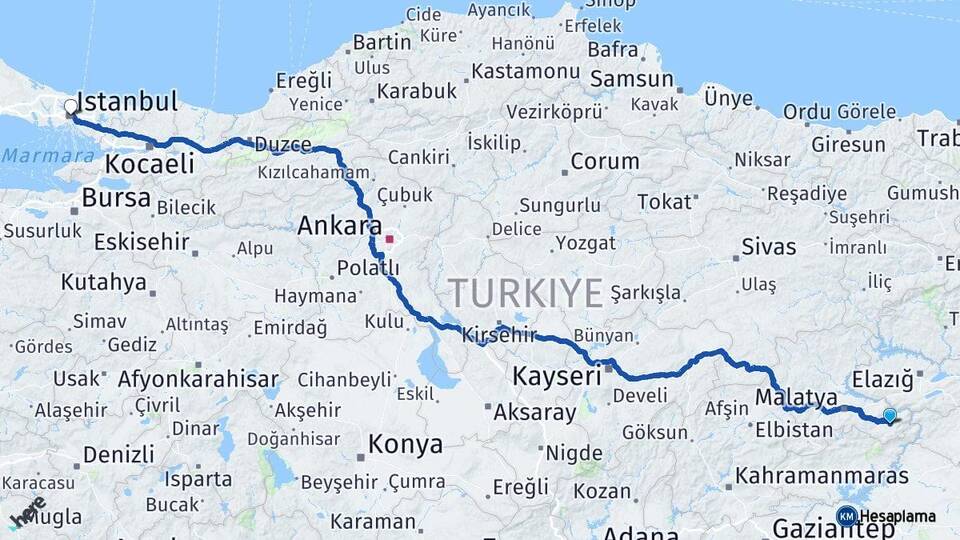 Malatya Pütürge İstanbul Arası Kaç Km - Yol Haritası