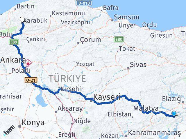 Malatya Pütürge Karabük Arası Kaç Km - Yol Haritası
