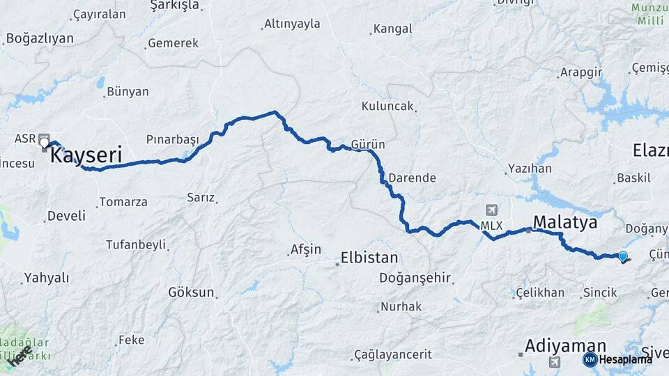 Malatya Pütürge Kayseri Arası Kaç Km - Yol Haritası