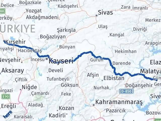 Malatya Pütürge Kırşehir Arası Kaç Km - Yol Haritası