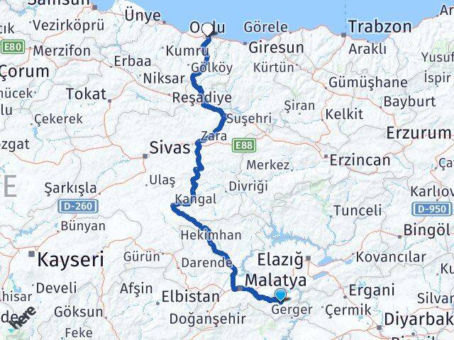 Malatya Pütürge Ordu Arası Kaç Km - Yol Haritası