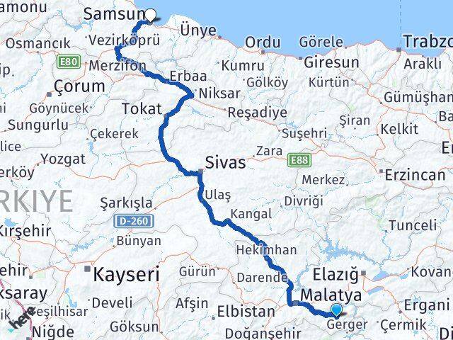 Malatya Pütürge Samsun Arası Kaç Km - Yol Haritası