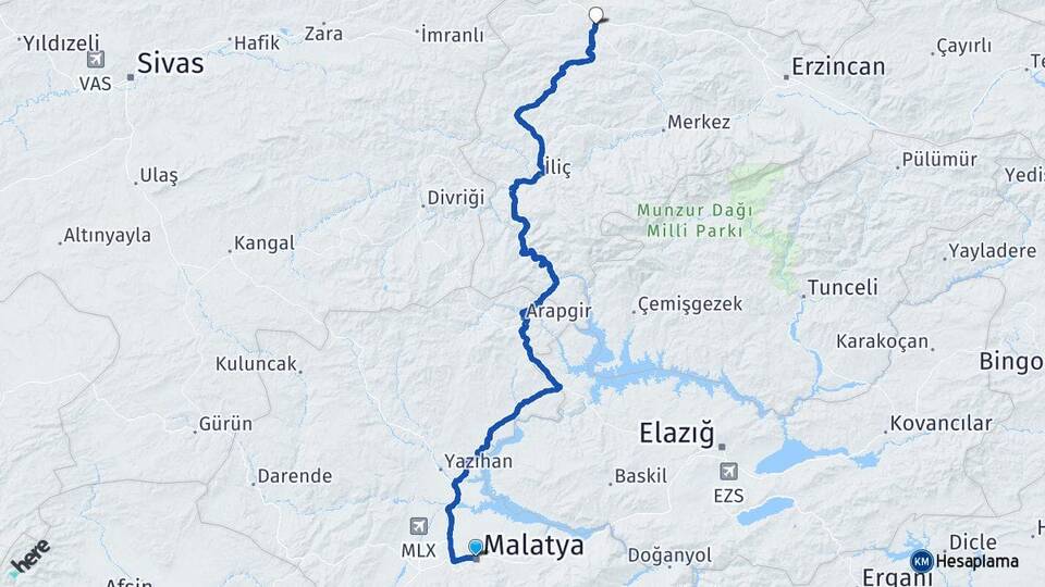 Malatya Refahiye Erzincan Arası Kaç Km - Yol Haritası